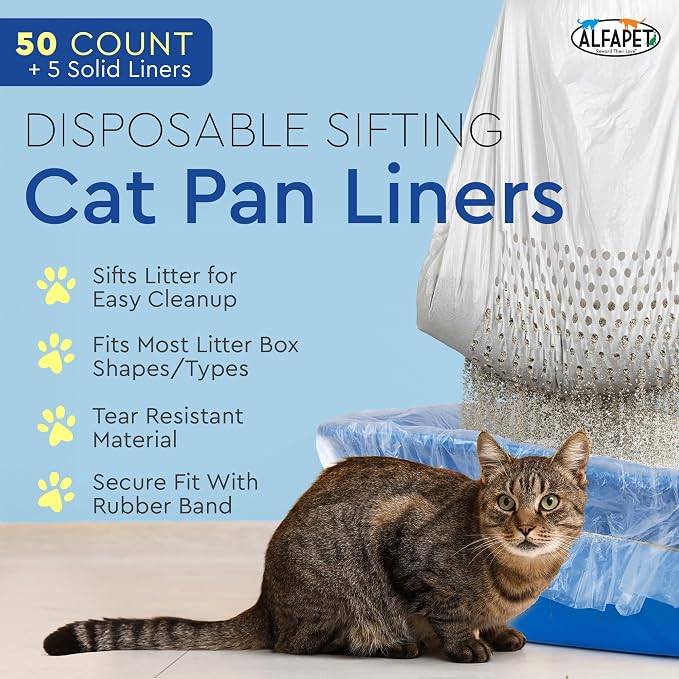 Cat Litter Box Sifting Liners Alfapet - Extra Giant 50 Count - Tear-Resistant Cat Litter Bags - Waterproof Kitty Litter Liners - Fits Almost All Litterbox Pan Sizes, 40" x 38", 30 lb Capacity