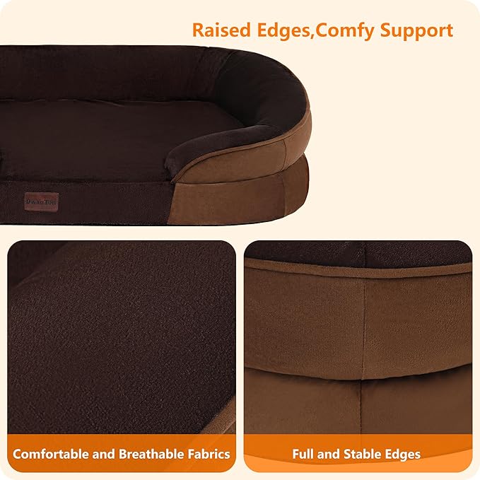 Dwanton Orthopedic Dog Bed for Extra Extra Large Dogs with Gel Memory Foam, Waterproof Dog Sofa, Washable Pet Bed with Four Sided Bolster Cushion, Removable Cover & Non-Slip Bottom, 48", Brown