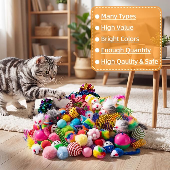 Leitee 200 Pcs Cat Toys Bulk, Interactive Kitten Toys Set for Indoor Cats with Colorful Springs Toy, Mouse Toy, Rainbow, Crinkle, Sparkle Balls, Pom Pom, Bell & Sisal Ball for Boredom Relief Exercise