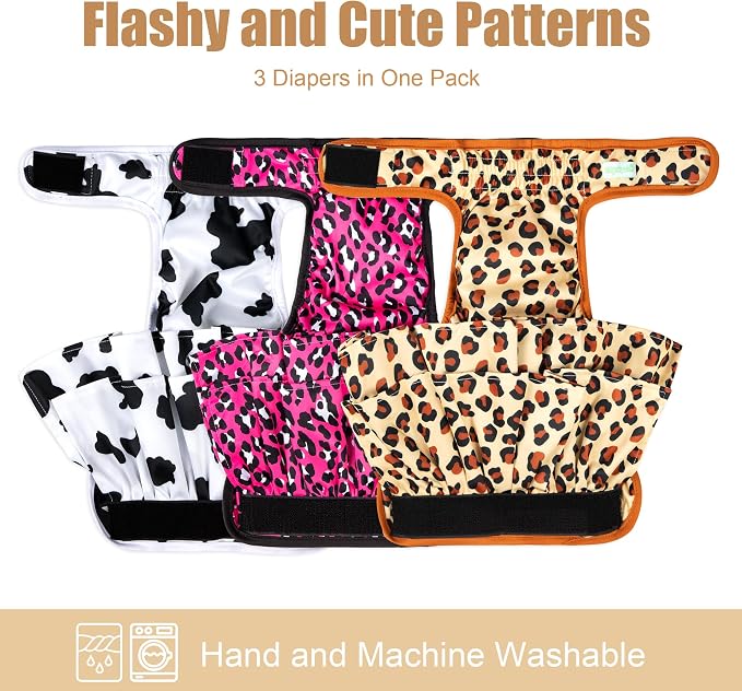 wegreeco Dog Diapers Female (3 Pack), Highly Absorbent Puppy Doggie Dog Diapers for Female Dogs Period, Washable Doggy Diapers for Dogs in Heat, Small Medium Large Size (Cow Pattern, Small)
