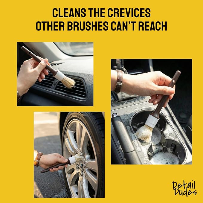 Car Detailing Brush Set 9-Pack - Boars Hair Brushes with Tire and Wheel Brush Plus Tire Dressing Applicator - Soft Bristle Car Detailing Kit for Interior, Exterior and Wheels - Detail Dudes