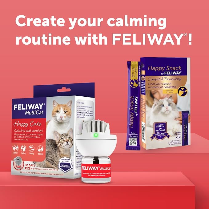 FELIWAY MultiCat 30 Day Cat Calming Pheromone Diffuser Kit & Happy Snack Delicious Calming cat Treats (12-ct Chicken Flavor)