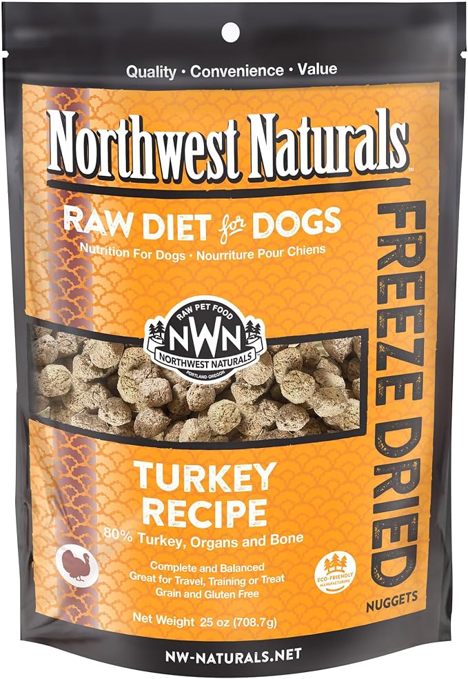 Northwest Naturals Freeze-Dried Turkey Dog Food - Bite-Sized Nuggets - Grain-Free, High-Protein, Raw Diet, Human-Grade, Limited Ingredients, All Natural, Made in the USA, Healthy & Nutritious - 25 Oz