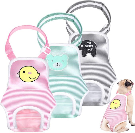 Nuanchu 3 Pcs Female Dog Diaper Sanitary Panties with Adjustable Suspender, Washable Reusable Doggie Diapers for Small Medium Large Dog in Heat Period Menstrual Pet Cats Ducks(Animal Pattern,S)