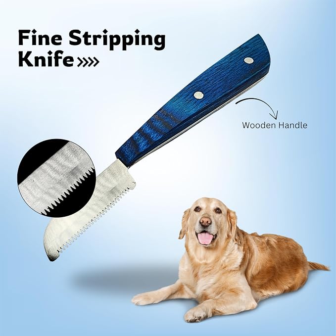 Professional Dog Grooming Stripping Knife Kit – 6-Piece Pet Grooming Tool Set with Stainless Steel Blades & Wooden Handles for Undercoat Removal, Deshedding, Coat Thinning Natural (Blue)