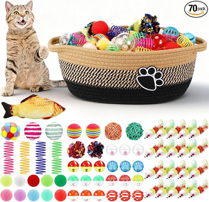 Sosation 70 Pcs Cat Easter Storage Basket Gift Toys Set Colorful Indoor Kitten Toy Assortment Including Mice, Rainbow Balls, Crinkle Balls, Springs Instinct Basket for Cats Interactive Play(Simple)