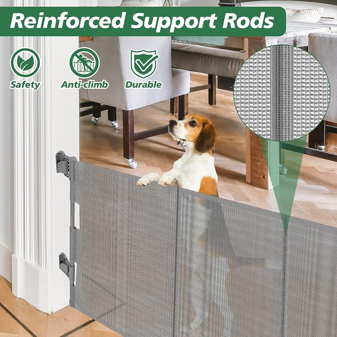 24" Tall X 120" Extra Wide Retractable Baby Gates, Short Dog Gates to Step Over, Reinforced Long Mesh Pet Gate with Support Rods, Small Puppy Gates for The House, Grey