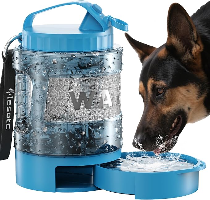 lesotc Portable Dog Water Bowl Dispenser - 77oz Travel Water Bottle with Pop-Out Drinking Bowl, No-Spill Design for Camping, Hiking & Car Rides - Keep Your Dog Hydrated Anywhere, Blue