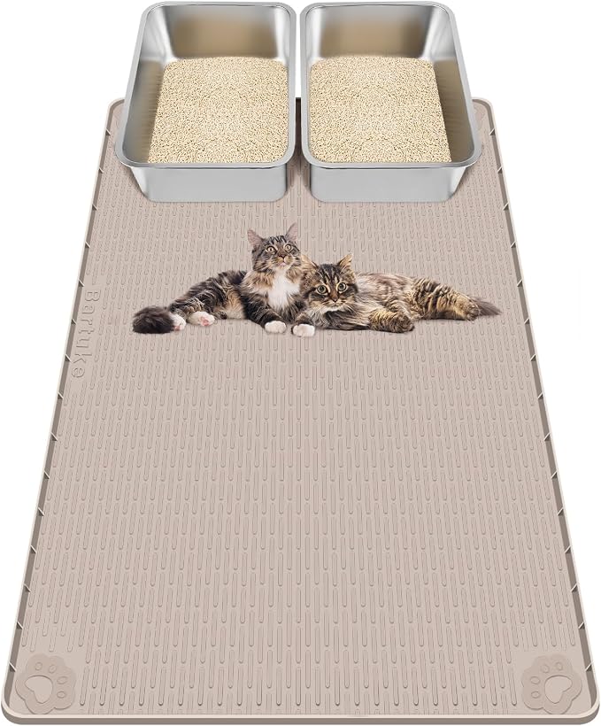 Kalolary Cat Litter Mats, 40" x 28" Extra Large Silicone Cat Mat for Litter Box, Easy to Clean Kitty Litter Trapping Mat, Soft on Kitty Paws, Waterproof, Urine-Proof Kittys Litter Mats for Floor,Khaki