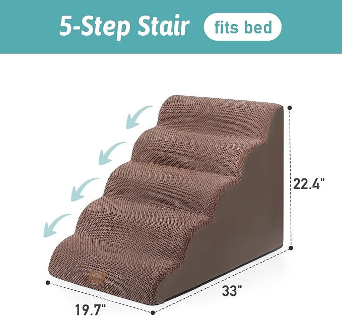 COZY KISS Extra Wide Dog Stairs 19.7" Width, Large Pet Step for Small Medium Dog, Puppy or Cat, Ramp for High Bed or Car, High Density Foam Ladder, Stable, 5 Step, 19.7x33x22.4 inch, Brown