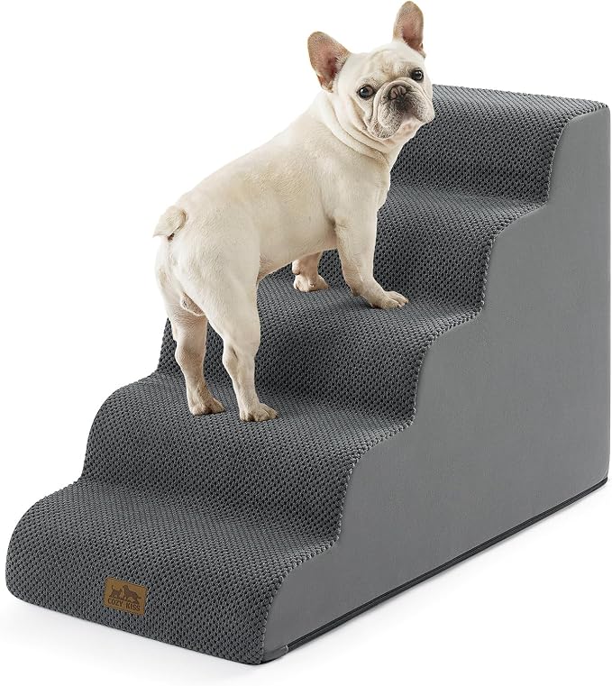 COZY KISS Wide Dog Stairs for Small Dog 22.6" H, Curved Pet Step for Puppy, Older Cat, Curved Ramp for High Bed or Car, Ladder with High Density Foam, Durable, 5 Step, 17.7x33x22.6 inch, Dark Grey