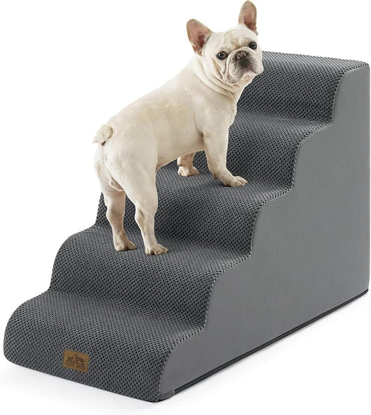 COZY KISS Wide Dog Stairs for Small Dog 22.6" H, Curved Pet Step for Puppy, Older Cat, Curved Ramp for High Bed or Car, Ladder with High Density Foam, Durable, 5 Step, 17.7x33x22.6 inch, Dark Grey