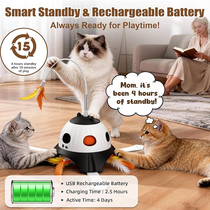 Casfuy 3-in-1 Interactive Cat Toy with Plush Tail, Whack-a-Mole & Rotating Feather Wand