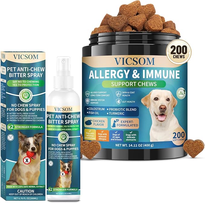 VICSOM No Chew Spray for Dogs & Natural Dog Allergy Relief Chews – Bitter Apple Training Spray for Chewing Prevention + Skin & Itch Relief Chews for Dogs, 6.76 FL Oz + 200 Chews