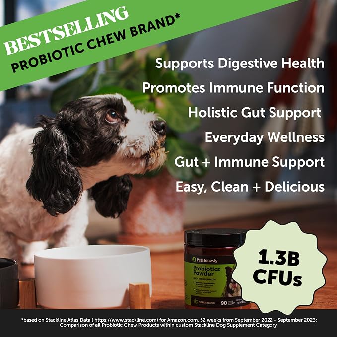 Dog Probiotic Powder with Digestive Enzymes + Prebiotics - Pumpkin Food Topper Supplement for Healthy Digestion, Sensitive Stomach, Gas Relief + Immune Support - Soluble Fiber for Dogs (90 Scoops)