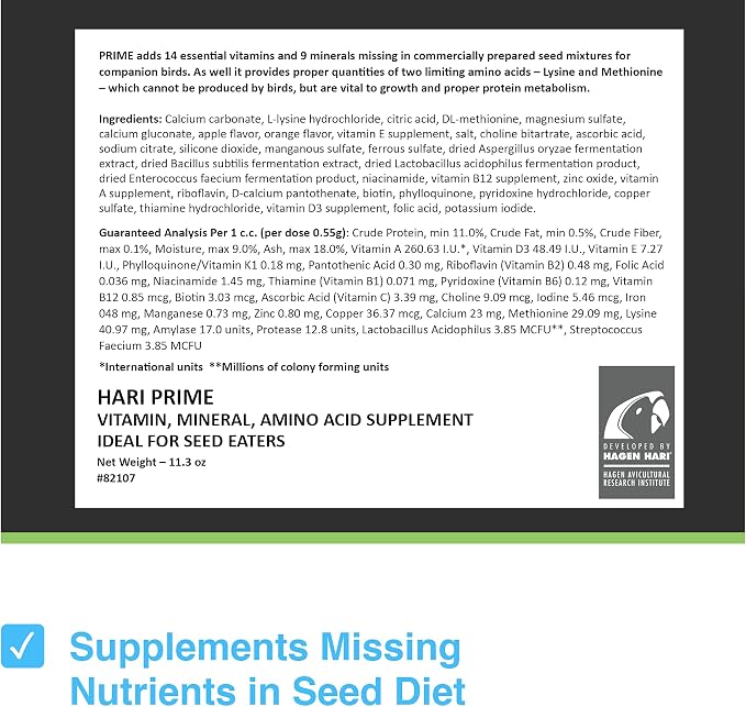 Hari Prime Parrot Vitamin, Mineral and Amino Acid Supplement for Seed Eating Birds, 11.3oz