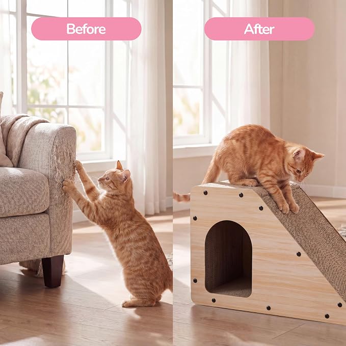 Kento 23.63" Modern Cardboard Cat Cave Scratcher with Catnip, Angled Trapezoid Hideaway House and Scratching Lounge for Indoor Cats, Oak Wood Finish CSR1008I