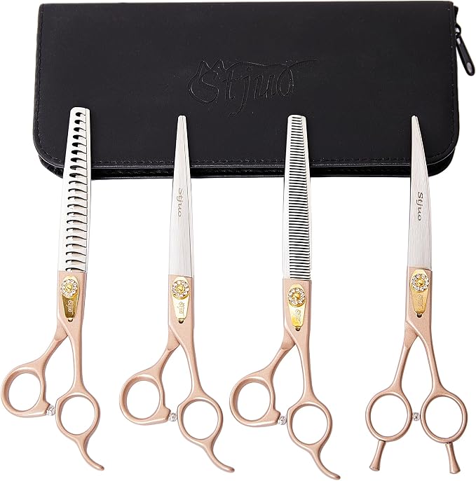 Professional Dog Grooming Scissors Rose Gold 440C Stainless Steel Straight Thinning Curved Chunker Shears for Pet Grooming Services Dogs and Cats (Combo, 7‘’)