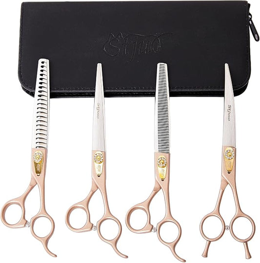 Professional Dog Grooming Scissors Rose Gold 440C Stainless Steel Straight Thinning Curved Chunker Shears for Pet Grooming Services Dogs and Cats (Combo, 7‘’)