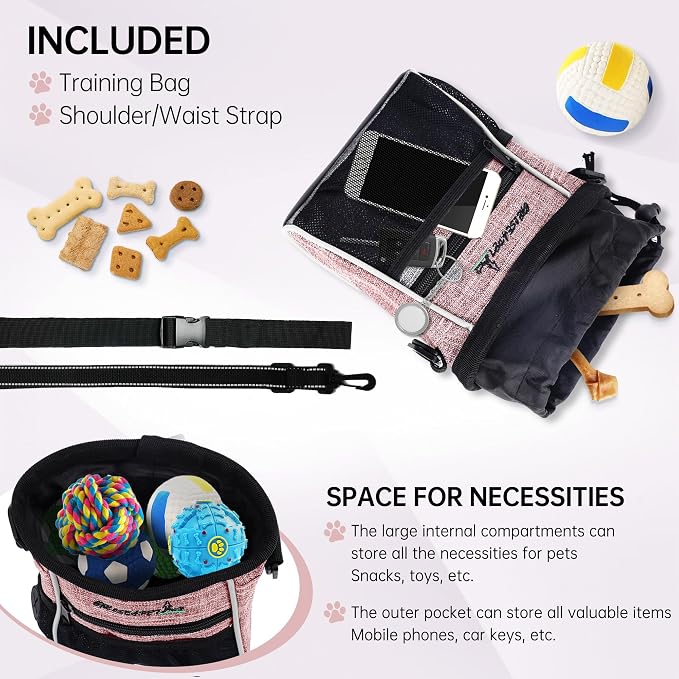 Dog Treat Pouches Training Walking Bag, Dog Training and Behavior Aids, Large Space for Pets Food, Durable Polyester Fabric, 3 Ways to Wear, Portable Pet Bagand Easy to Clean (Pink)