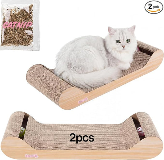 Rini 23.75" Modern Cardboard Cat Scratcher Lounge Bed with Built-in Bell Toys and Catnip, Ergonomic Curved Sofa Design, Oak Wood Finish, Set of 2 CSR1003C-SET2