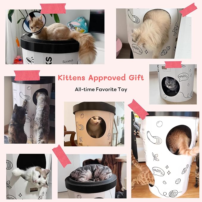 Cat Condo House with 3-Tier Independent Spaces & Durable Corrugated Scratching Pads, Coffee Cup Shaped Cat Cave & Scratcher, Tool-Free Assembly, Stylish Pet Furniture for Multi-Cats