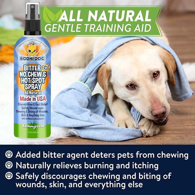 Bodhi Dog Bitter 2-in-1 No Chew & Hot Spot Spray - Natural Anti-Chew Remedy Better Than Bitter Apple - Soothes Hot Spots, Deters Chewing - Safe for Skin, Wounds & Furniture- Made in USA (8 Fl Oz)