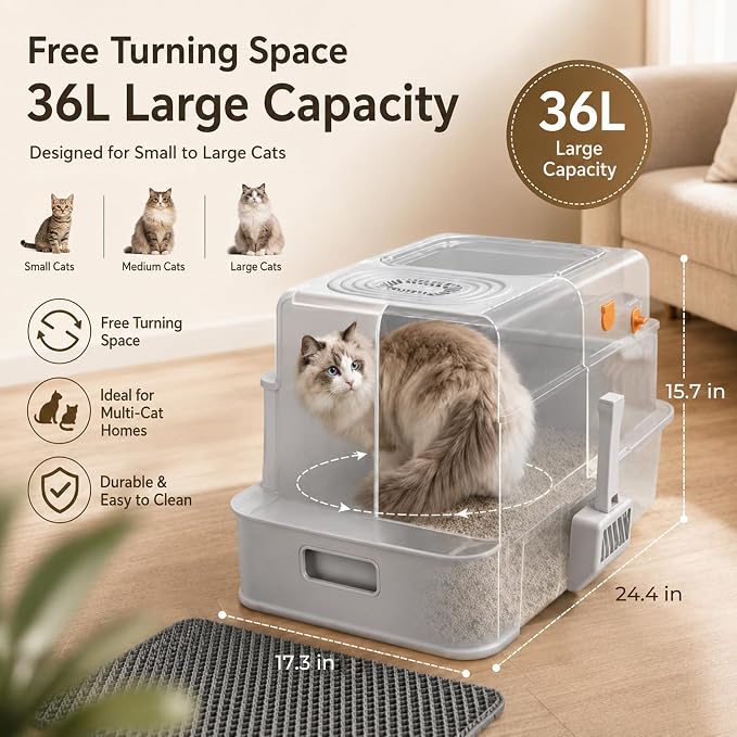 Stainless Steel Enclosed Cat Litter Box with Lid, Front & Top Entry, Drawer & Flip Cover Design, Odor Control Non-Stick Metal Litter Box, Spacious for Large Cats with Scoop and Mat,