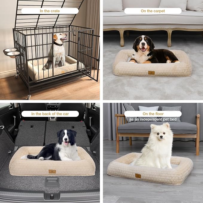 Plush Orthopedic Dog Bed for Medium Large Dogs, Memory Foam Bolster Sofa Bed with Removable Washable Cover, Waterproof Lining & Non-Slip Bottom (Tan-L)