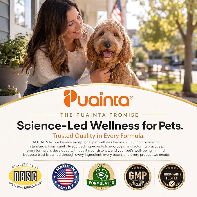 PUAINTA Dog Calming Chews – Magnesium Glycinate & Melatonin for Dogs, 4 Herbal Ingredients for Anxiety Relief, Stress & Travel Support, Chicken Flavor (90 Count)