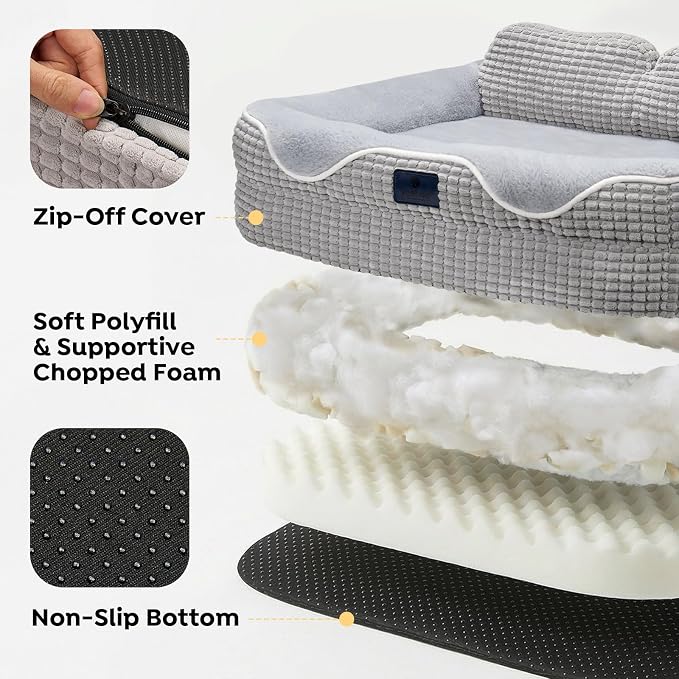 Veehoo Cute Small Dog Bed, Orthopedic Waterproof Pet Beds for Small Dogs, High Back Non-Slip Bottom and Egg-Crate Foam Puppy Couch Sofa with Washable Removable Cover Grey, 24"