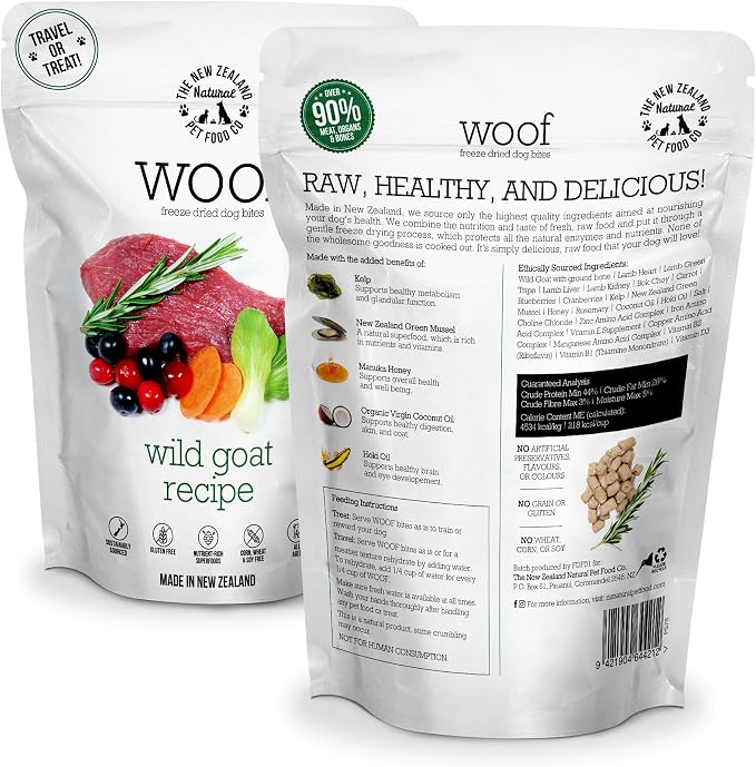 The New Zealand Natural Pet Food Co. Woof Freeze Dried Dog Food - Wild Goat Recipe, High Protein, Complete Diet, Dog Treats, All Life Stages - 1.76 oz