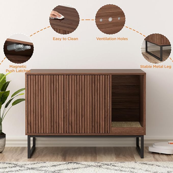 Cat Litter Box Enclosure, Fluted Hidden Litter Box Furniture with Scratch Pad and Metal Legs, Modern Enclosed Cat Cabinet, 31.5 x 17.7 x 21.7 Inches Indoor Pet House for Living Room, Washroom, Walnut