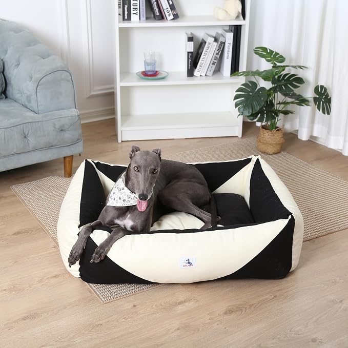 Cotton Canvas Dog Bed, Dog Beds Large Sized Dog, Orthopedic Bed with Washable Removable Cover, Durable 290 GSM Cotton Anti-Chewing Pet Bed with Anti-Slip Bottom (38"x30"x12", Black&White)