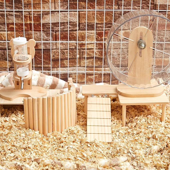 6 Pcs Hamster Toys Set, Maze Wood House, Climbing Ladder Wooden Bridge Tunnel Toy Platform Silent Exercise Running Wheels and Water Bottle Set for Rat Guinea Pig Habitat Cage(Premium)