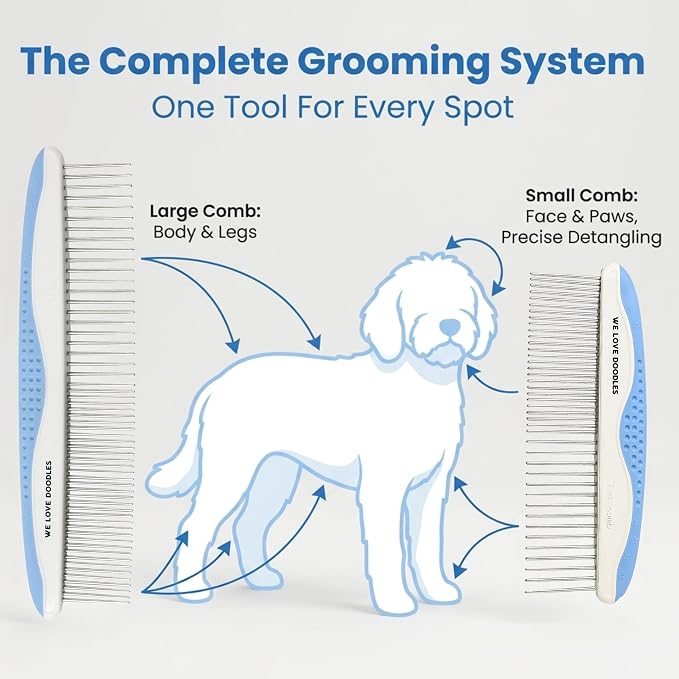 We Love Doodles Pet Dematting Comb and Metal Dog Grooming Comb Bundle - Deshedding Undercoat Rake | Removes Tangles & Matts | Dematting Pet Combs | Detangler For Matted Hair | for All Hair Types