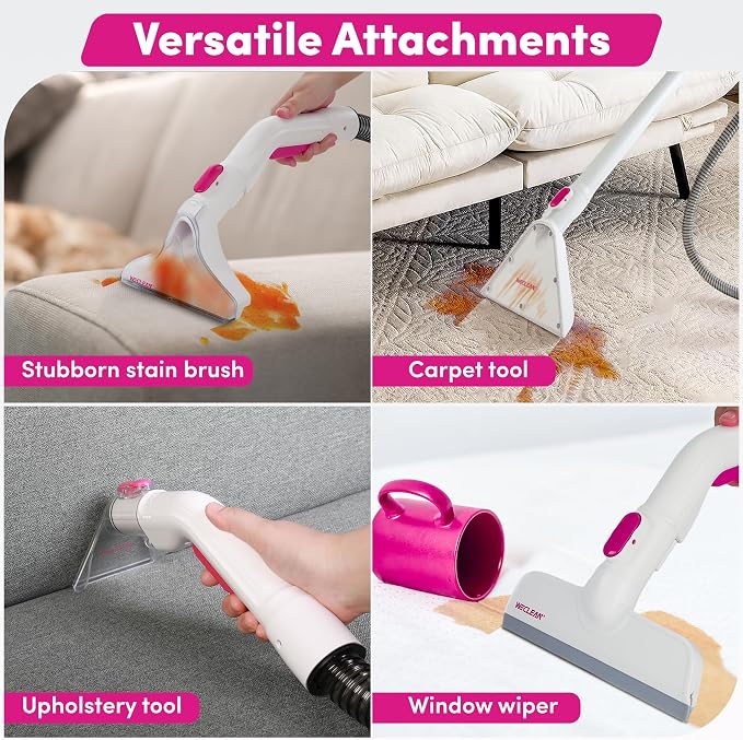 WECLEAN C4 Portable Carpet Cleaner Machine, Stand Up Upholstery Cleaner with 18KPa Powerful Suction, 800W Spot Cleaner for Pet Stains, Carpet, Rug, Couch and Car Interior, Dual Tank System, Pink