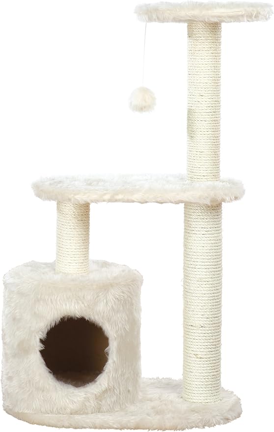 TRIXIE Casta Cat Tree with Condo | 2 Platforms | Dangling Cat Toy, Cream, 1 level