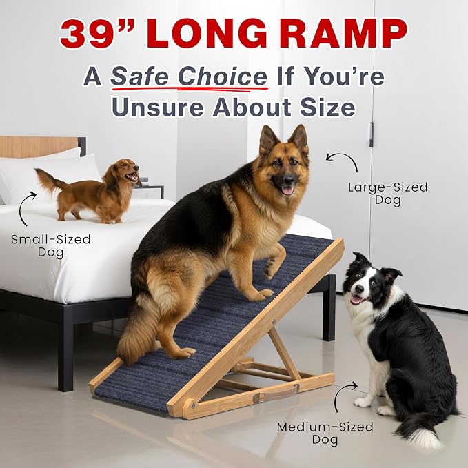 Adjustable Dog Ramp for Bed - 39" Long Foldable Wooden Ramp for Dogs to Get on Bed, Couch, or Car with 13.4" Wide Walking Space (Natural Wood with Gray Carpet)
