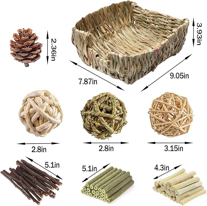 Hamiledyi Rabbit Grass Bed for Bunny, 21 Pcs Rabbit Chew Toys for Teeth Grinding Sweet Bamboo Timothy Stick Woven Grass Ball Pine Cone Natural Straw Bedding for Guinea Pig Hamster Chinchilla
