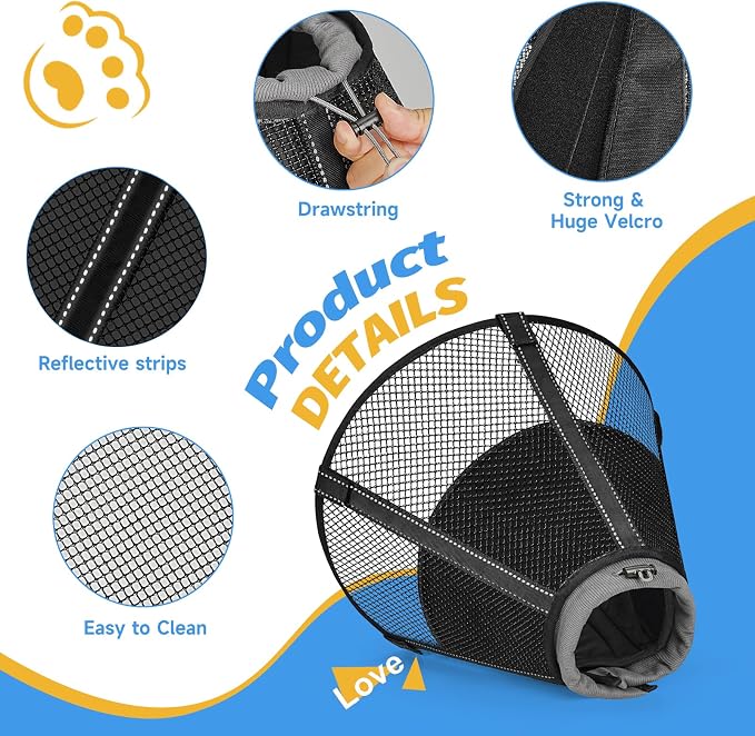 Dog Cone Collar After Surgery to Stop Licking: Soft Grid Recovery Collar with Detachable Pad, Elizabeth Cone Alternative for Large Medium, Small Dogs, Normal Eating and Drinking,XS,Jet Black