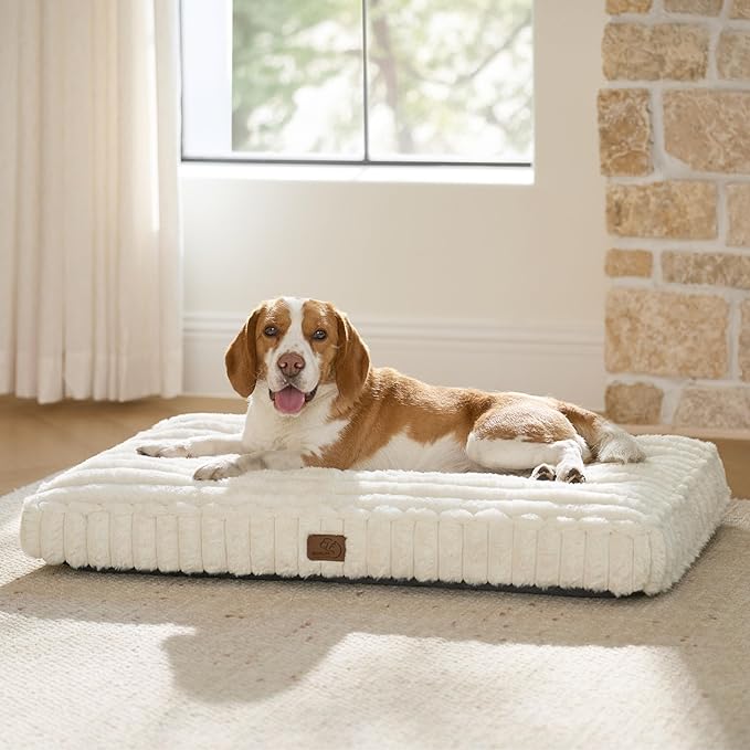 Bedsure ComfyFleece™ Plush Dog Beds Large Sized Dog, Dog Crate Bed for Balanced Support, Cute Chopped Foam Pillow Pad with Removable Washable Cover, Non-Slip Waterproof Cozy Pet Mat, 35"x22", Cream