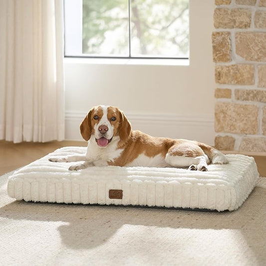 Bedsure ComfyFleece™ Plush Dog Beds Large Sized Dog, Dog Crate Bed for Balanced Support, Cute Chopped Foam Pillow Pad with Removable Washable Cover, Non-Slip Waterproof Cozy Pet Mat, 35"x22", Cream