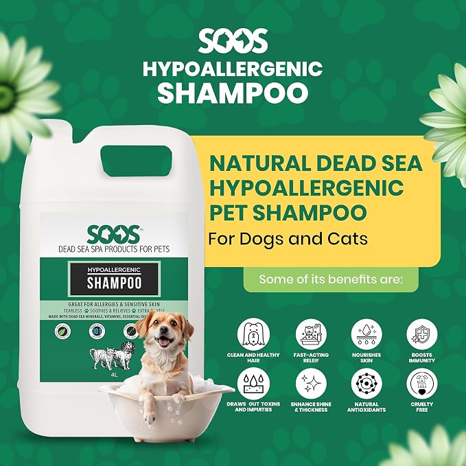 Soos Pet Hypoallergenic Shampoo for Dogs and Cats Made with Natural Dead Sea Minerals Fast Absorbing with Vitamins Essential Oils Natural Ingredients - 1x (4L Gallon)