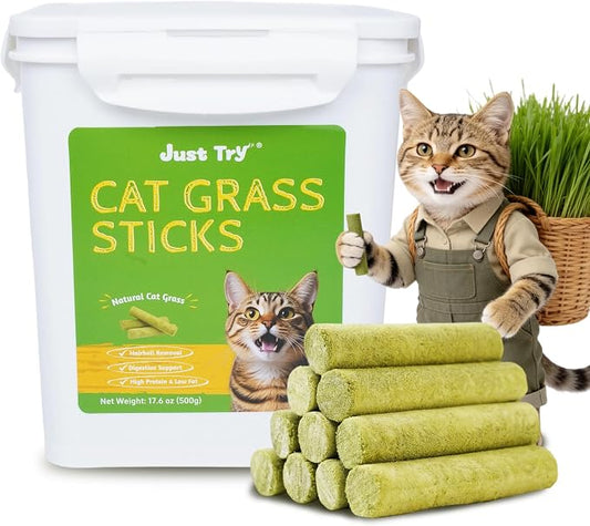 Just Try Cat Grass Sticks for Cat Hairball Control & Teeth Cleaning Dental Chews for Cats Crunchy Cat Treats for Indoor Cats Healthy Cats Treats (17.6 OZ)