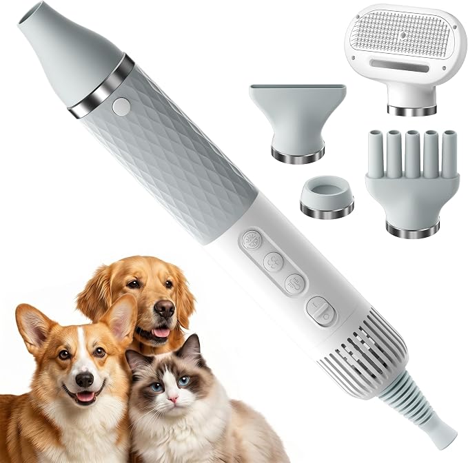 Portable Dog Dryer, High Velocity Pet Blow Dryer with 0.6lb Ultra-Lightweight,3 Speeds & 4 Temp for All Breeds & Sizes, Dog Grooming Dryer with 4 Nozzles & Slicker Brush,GFCI Plug,110000RPM