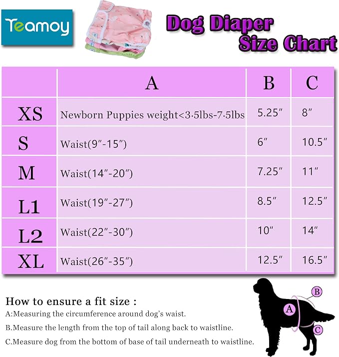 Teamoy Female Dog Diapers for Heat 4-Pack, Reusable Dog Period Diaper Wraps for Incontinence, Training & Housebreaking,M
