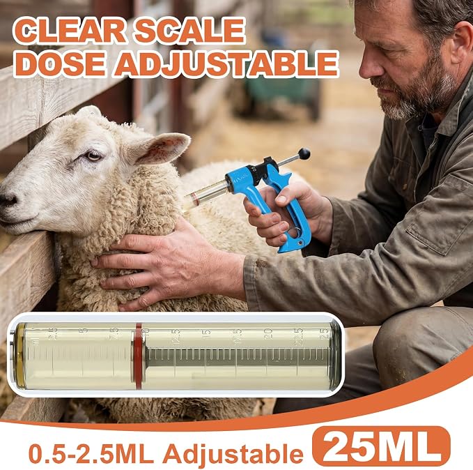 25ml Semi-Auto Repeating Livestock Syringe Gun, 5 Dose Settings | Ergonomic Grip, Clear Barrel & Luer Lock, Vet Injector for Cattle, Horses, Goats, Sheep & Pigs
