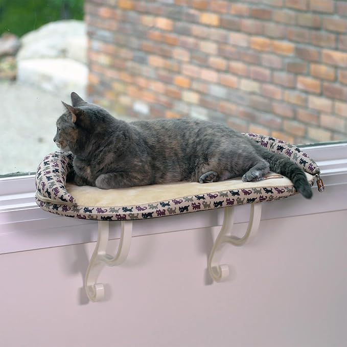 K&H Pet Products Bolster Kitty Sill Cat Window Perch Bed for Large Cats, Orthopedic Window Hammock Holds 40 lbs, Washable Cover, Indoor Windowsill Furniture Bed Seat - Tan/Kitty Unheated 14 X 24in