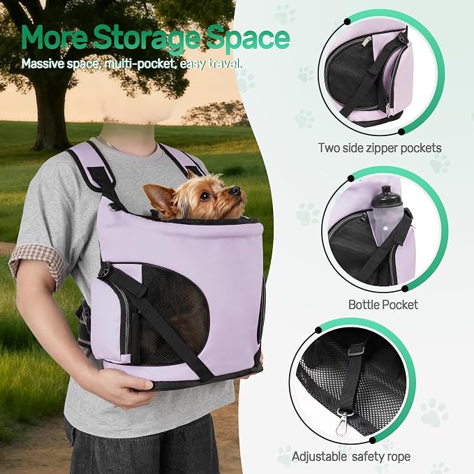 YUDODO Dog Front Backpack Carrier 7-15 lbs, Soft Breathable Pet Front Facing Carrier with Adjustable Straps, Multi-Pocket Design, for Small Dogs & Cats (Purple)